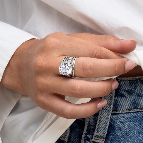 JEAN RACHEL JEWELRY 925 Sterling Silver Ring - Curb Chain Vintage Design with Cushion Shaped Cubic Zirconia - Hypoallergenic, Lead & Nickel Free - Artisan Handcrafted Statement Rings for Women in Saudi Arabia