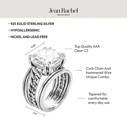 JEAN RACHEL JEWELRY 925 Sterling Silver Ring - Curb Chain Vintage Design with Cushion Shaped Cubic Zirconia - Hypoallergenic, Lead & Nickel Free - Artisan Handcrafted Statement Rings for Women in Saudi Arabia