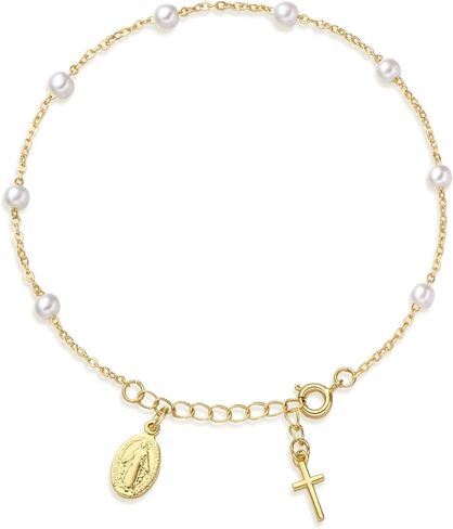 First Communion Rosary Bracelet, Dainty 14K Gold Plated Virgin Mary Pearl Cross Charm Bracelet Catholic Christian Religious Jewelry Gifts for Her in Saudi Arabia