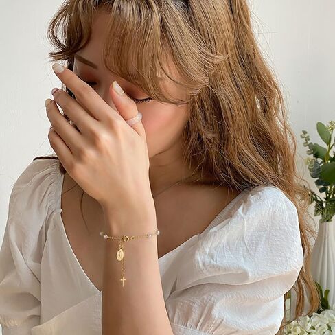 First Communion Rosary Bracelet, Dainty 14K Gold Plated Virgin Mary Pearl Cross Charm Bracelet Catholic Christian Religious Jewelry Gifts for Her in Saudi Arabia