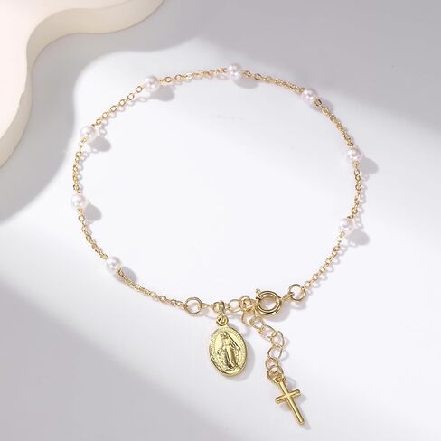 First Communion Rosary Bracelet, Dainty 14K Gold Plated Virgin Mary Pearl Cross Charm Bracelet Catholic Christian Religious Jewelry Gifts for Her in Saudi Arabia