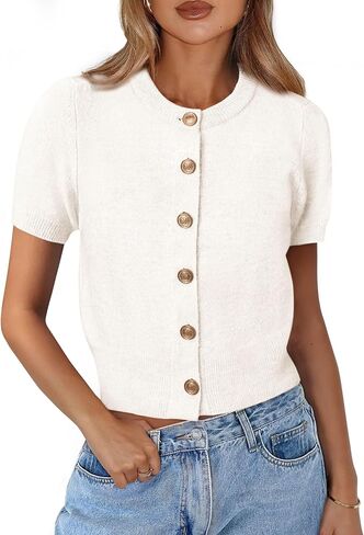 PRETTYGARDEN Womens Casual Summer Short Sleeve Cardigans 2025 Button Down Knitted Sweater Basic Crew Neck Crop Tops in Saudi Arabia
