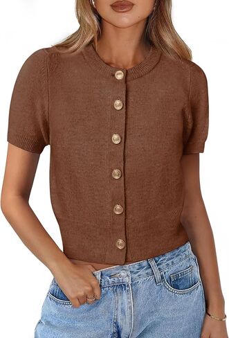 PRETTYGARDEN Womens Casual Summer Short Sleeve Cardigans 2025 Button Down Knitted Sweater Basic Crew Neck Crop Tops in Saudi Arabia