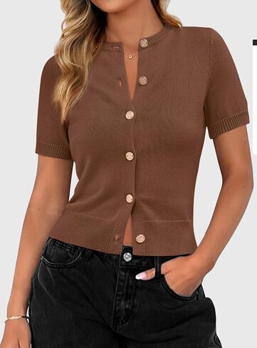 PRETTYGARDEN Womens Casual Summer Short Sleeve Cardigans 2025 Button Down Knitted Sweater Basic Crew Neck Crop Tops in Saudi Arabia