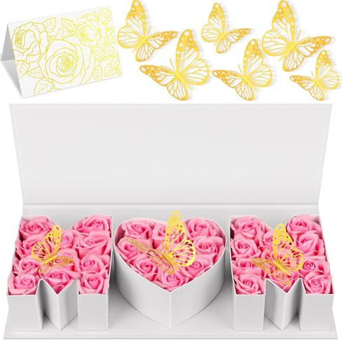PYQTH Mom Box with 31 Flowers for Mothers Day Gift Thicker Letter Shaped Flower Gift Box Floral Fillable Packaging for Mother's Day Birthday (White with Red) in Saudi Arabia