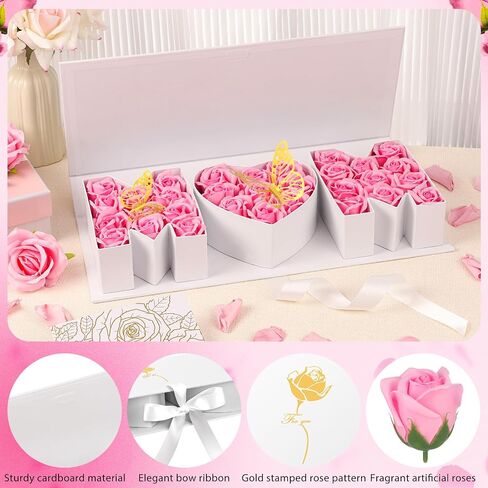 PYQTH Mom Box with 31 Flowers for Mothers Day Gift Thicker Letter Shaped Flower Gift Box Floral Fillable Packaging for Mother's Day Birthday (White with Red) in Saudi Arabia
