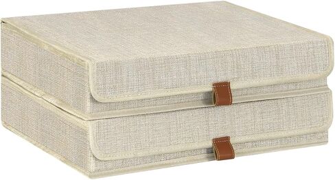Photo Storage Boxes with Lids, Memory Box for Keepsakes, Picture Organizer Versatile Linen Containers Basket Collapsible Bin for Organizing Home Office, 2 Pack, 14x10.8x2.5 Inch, Beige in Kuwait