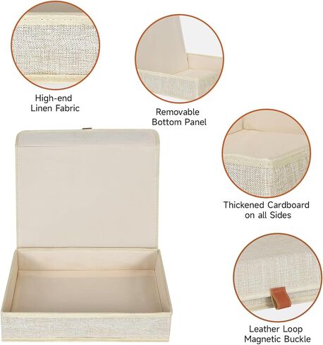 Photo Storage Boxes with Lids, Memory Box for Keepsakes, Picture Organizer Versatile Linen Containers Basket Collapsible Bin for Organizing Home Office, 2 Pack, 14x10.8x2.5 Inch, Beige in Kuwait