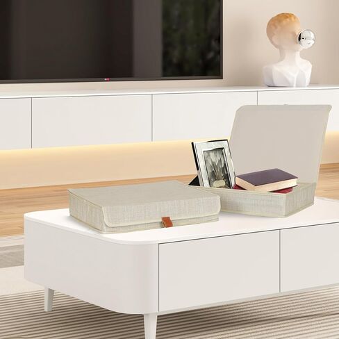 Photo Storage Boxes with Lids, Memory Box for Keepsakes, Picture Organizer Versatile Linen Containers Basket Collapsible Bin for Organizing Home Office, 2 Pack, 14x10.8x2.5 Inch, Beige in Kuwait