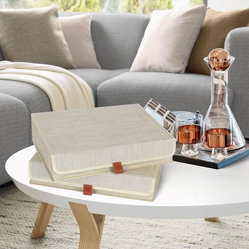 Photo Storage Boxes with Lids, Memory Box for Keepsakes, Picture Organizer Versatile Linen Containers Basket Collapsible Bin for Organizing Home Office, 2 Pack, 14x10.8x2.5 Inch, Beige in Kuwait