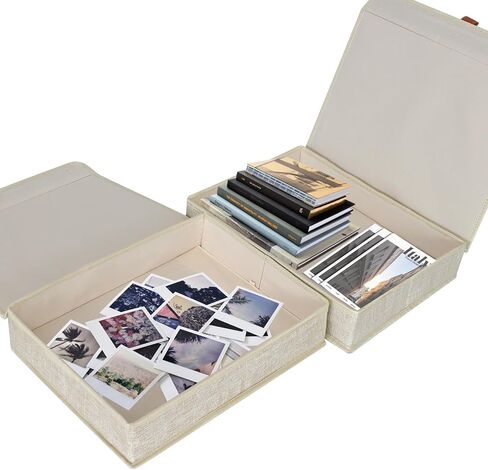 Photo Storage Boxes with Lids, Memory Box for Keepsakes, Picture Organizer Versatile Linen Containers Basket Collapsible Bin for Organizing Home Office, 2 Pack, 14x10.8x2.5 Inch, Beige in Kuwait