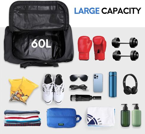 Haimont Travel Duffel Backpack Bag 60L للرجال أكياس غامق رياضية كبيرة مع أحزمة حقيبة ظهر للتنزه في التخييم الرياضي ، ومقاوم للماء ، أسود in Kuwait