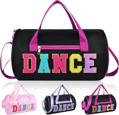 Dance Bag for Girls, KUIRAN 23L Waterproof Travel Duffel Bag with Colorful Chenille Letter, Lightweight Small Gym Sport Ballet Bag Weekender Bag with Large Main Compartment - Black/Purple in Kuwait