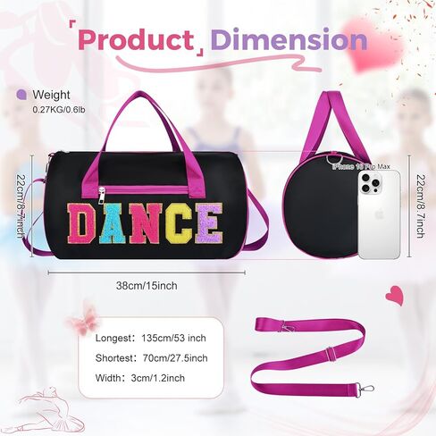 Dance Bag for Girls, KUIRAN 23L Waterproof Travel Duffel Bag with Colorful Chenille Letter, Lightweight Small Gym Sport Ballet Bag Weekender Bag with Large Main Compartment - Black/Purple in Kuwait