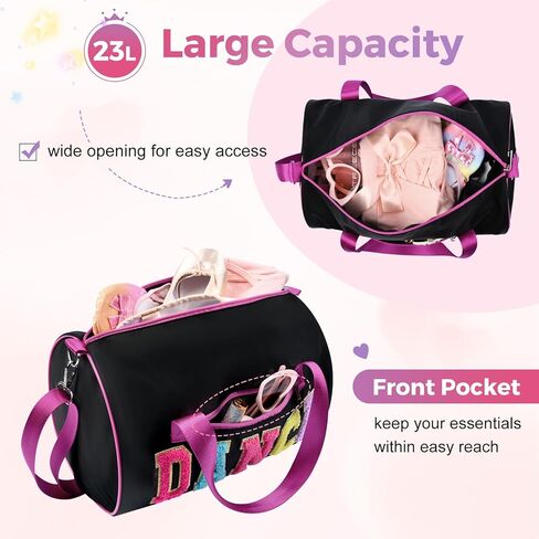 Dance Bag for Girls, KUIRAN 23L Waterproof Travel Duffel Bag with Colorful Chenille Letter, Lightweight Small Gym Sport Ballet Bag Weekender Bag with Large Main Compartment - Black/Purple in Kuwait
