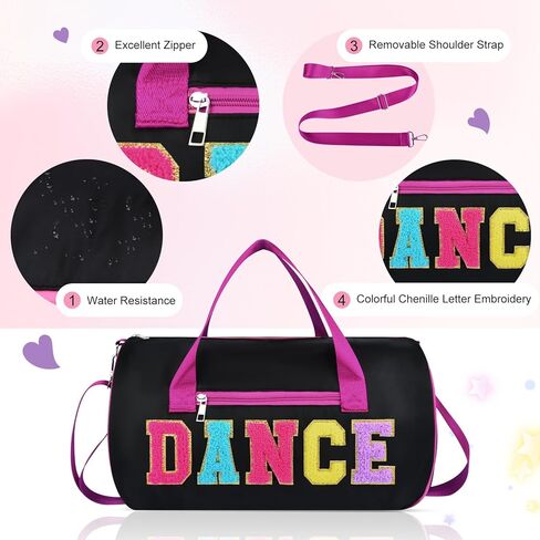 Dance Bag for Girls, KUIRAN 23L Waterproof Travel Duffel Bag with Colorful Chenille Letter, Lightweight Small Gym Sport Ballet Bag Weekender Bag with Large Main Compartment - Black/Purple in Kuwait