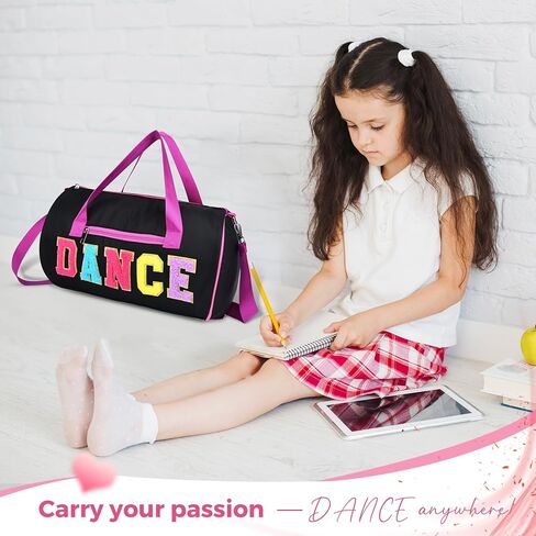 Dance Bag for Girls, KUIRAN 23L Waterproof Travel Duffel Bag with Colorful Chenille Letter, Lightweight Small Gym Sport Ballet Bag Weekender Bag with Large Main Compartment - Black/Purple in Kuwait