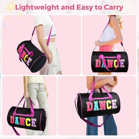 Dance Bag for Girls, KUIRAN 23L Waterproof Travel Duffel Bag with Colorful Chenille Letter, Lightweight Small Gym Sport Ballet Bag Weekender Bag with Large Main Compartment - Black/Purple in Kuwait