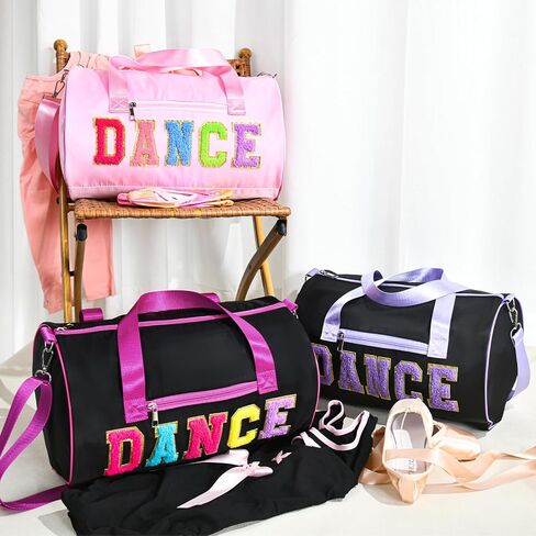 Dance Bag for Girls, KUIRAN 23L Waterproof Travel Duffel Bag with Colorful Chenille Letter, Lightweight Small Gym Sport Ballet Bag Weekender Bag with Large Main Compartment - Black/Purple in Kuwait