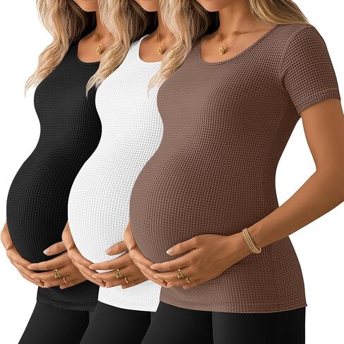 Neer 3 Pack Women's Maternity Waffle Shirts Short Sleeve Pregnancy Tops Crew Neck Slim Fit Casual Mama Blouses Basic Tee in Saudi Arabia