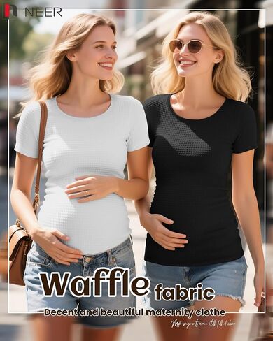 Neer 3 Pack Women's Maternity Waffle Shirts Short Sleeve Pregnancy Tops Crew Neck Slim Fit Casual Mama Blouses Basic Tee in Saudi Arabia