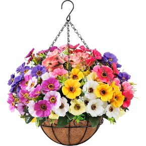 Ouddy Decor Artificial Hanging Flowers with Basket, Fake Silk Hanging Flowers in Coconut Lining Basket Faux Hanging Plants for Outdoor Indoor Spring Garden Porch Patio Balcony Home Decor, Multicolor