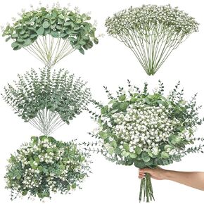 Serwalin 100 pcs مختلط الاصطناعي الأوكالبتوس السيقان ، والتنفس الأزهار الاصطناعية الجزء الأكبر مع أوراق الأوكالبتوس فو ، السيقان الخضراء للزفاف ديي باقات الأزهار ترتيب المنزل