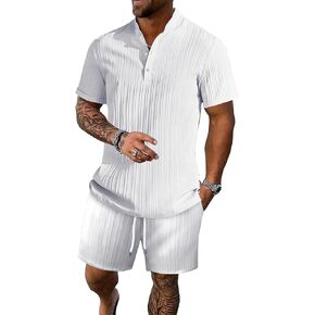 Men's Summer Beach Outfits 2 Piece Vintage Short Sleeve Henley Shirts and Shorts Vacation Texture Sets for Men
