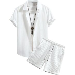 Men's 2 Piece Outfits Short Sleeve Button Down Shirt and Textured Drawstring Waist Shorts Matching Set in Kuwait