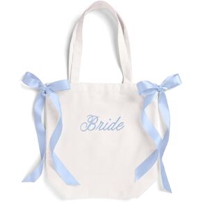Xo ، Fetti White Bride Canvas Bag ، أقواس الساتان الأزرق | زخارف حفلات البكالوريوس ، والعروس لتكون محفظة ، هدية وصيفات الشرف ، مستلزمات دش الزفاف ، خدمة الخطوبة لصالح