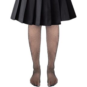 Girls Fishnet Tights, Dance Tights for Girls, Socks Seamless Rhinestone Fishnet Stockings, Rhinestone Hollow Out Pantyhose(Black)