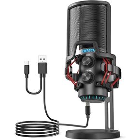 ميكروفون USB CMTECK للكمبيوتر الشخصي، ميكروفون مكثف للبث والبث والفيديو والاجتماعات والألعاب والتحكم في الكسب ومراقبة مقبس سماعة الرأس وحامل الصدمات المضاد للاهتزاز وفلتر البوب، لمسة كتم الصوت