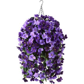 Homsunny Artificial Faux Flowers Plants Hanging Basket for Outdoors Spring Decor, Fake Hanging Flower in Planter Silk Begonia UV Resisitant Realistic for Outside Porch Patio Garden