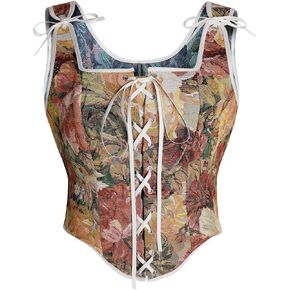 Womens Renaissance Corset Vintage Lace Up Bustier Tops Floral Overbust Corset With Zipper