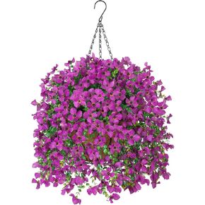 Artificial Hanging Flowers Plants with Basket for Outdoors, Realistic Faux Silk Daisy Flower Eucalyptus for Spring Decor, UV Resistant Fake Plants for Porch Patio Yard Balcony, Purple Violet