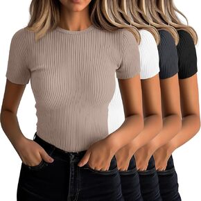 Neer 4 Pack Women's Short Sleeve T-Shirts, Crew Neck Ribbed Knit Slim Fitted Shirts Cotton Summer Solid Basic Tees Tight Tops