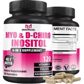 BMVINVOL 2,050mg Myo-Inositol & D-Chiro Inositol Capsules with Folate, Vitamin D- Hormone Balance & Ovarian Support for Women - Ideal 40:1 Ratio - 120 Capsules