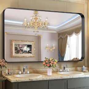 مرآة حمام أسود محيط ، 36 "× 60" مرآة مستطيلة مع إطار معدني عميق ، زاوية مستديرة ، زجاج مقسّر ، مرآة كبيرة للجدار ، أكثر من 2 أحواض ، مثبتة رأسياً/أفقي