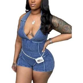 Voghtic Shorts Jumpsuit For Women Sexy Deep v-Neck Halter Backless Sleeveless Stretchy One Piece Rompers Club Outfit