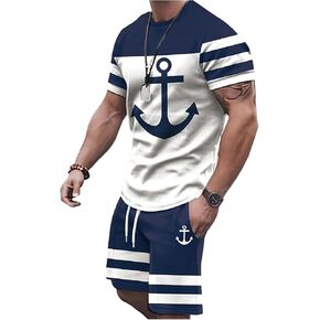 WDIRARA Men's 2 Piece Outfits Anchor Print Striped Tracksuits Short Sleeve T Shirt and Drawstring Shorts Sets