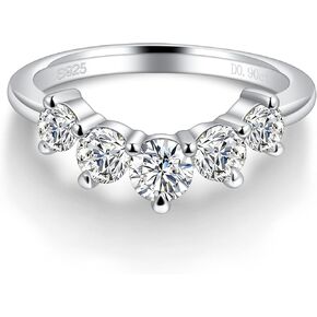 Moissanite Wedding Band for Women 5 Stone Stackable Moissanite Half Eternity Ring Curved 18K White Gold Plated 925 Sterling Silver Round Cut D Color VVS1 Guard Enhancer Size 4-11