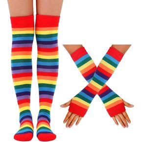 deladola Rainbow Socks Striped Knee High Sock Gloves Set Cosplay Costume Arm Leg Warmers for Women