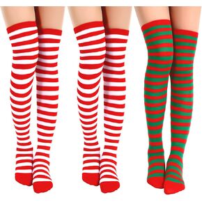 SATINIOR 3 Pairs Over Knee Long Socks Striped Thigh High Sock Halloween Cosplay Stocking (Red and White, Red and Green), Medium