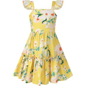 Girls Summer Floral Dresses Tie Back Flutter Sleeves Casual Spring Dress for 4-12 Years