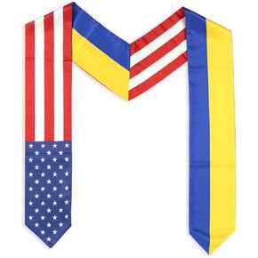 USA And Ukraine Flag Graduation Stole, Satin Embroidery Graduation Sash for International Students, 72 Inch Length.