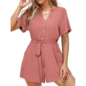 نساء بسيطات الصيف القصيرة الزر V الرقبة أسفل الأكمام القصير خرق ربط الخصر بذلة مع جيوب in Kuwait