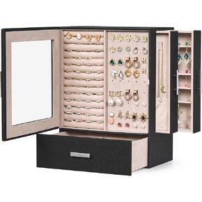 BEWISHOME Jewelry Box with Glass Window for Women Girls 4-Layer Jewelry Organizer with Drawers for Necklaces Earrings Rings Bracelets Watches Storage Case SSH09B