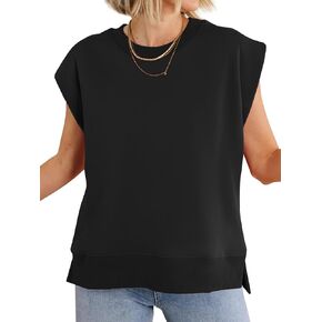 Fisoew Womens Summer Cap Sleeve Sweatshirts Casual Loose Fit Side Slit Cute Pullover Tops