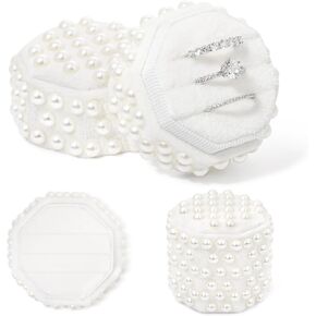 CEELGON Pearl Velvet Ring Box 3 Slots Jewelry Ring Box with Pearl Wedding Decor Bridal Photography Engagement Gift (White Hexagon)