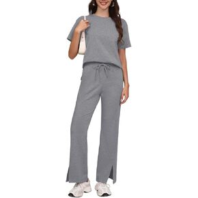Women's Two Piece Outfit Short Sleeve Tee and Wide Leg Pants Set – Soft Fabric Drawstring Waist Split Hem Casual Tracksuit